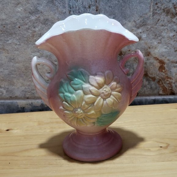 VTG USA Pottery Pink Green Yellow Flower Vase Pleated Fan Top Double Handles - Picture 3 of 14